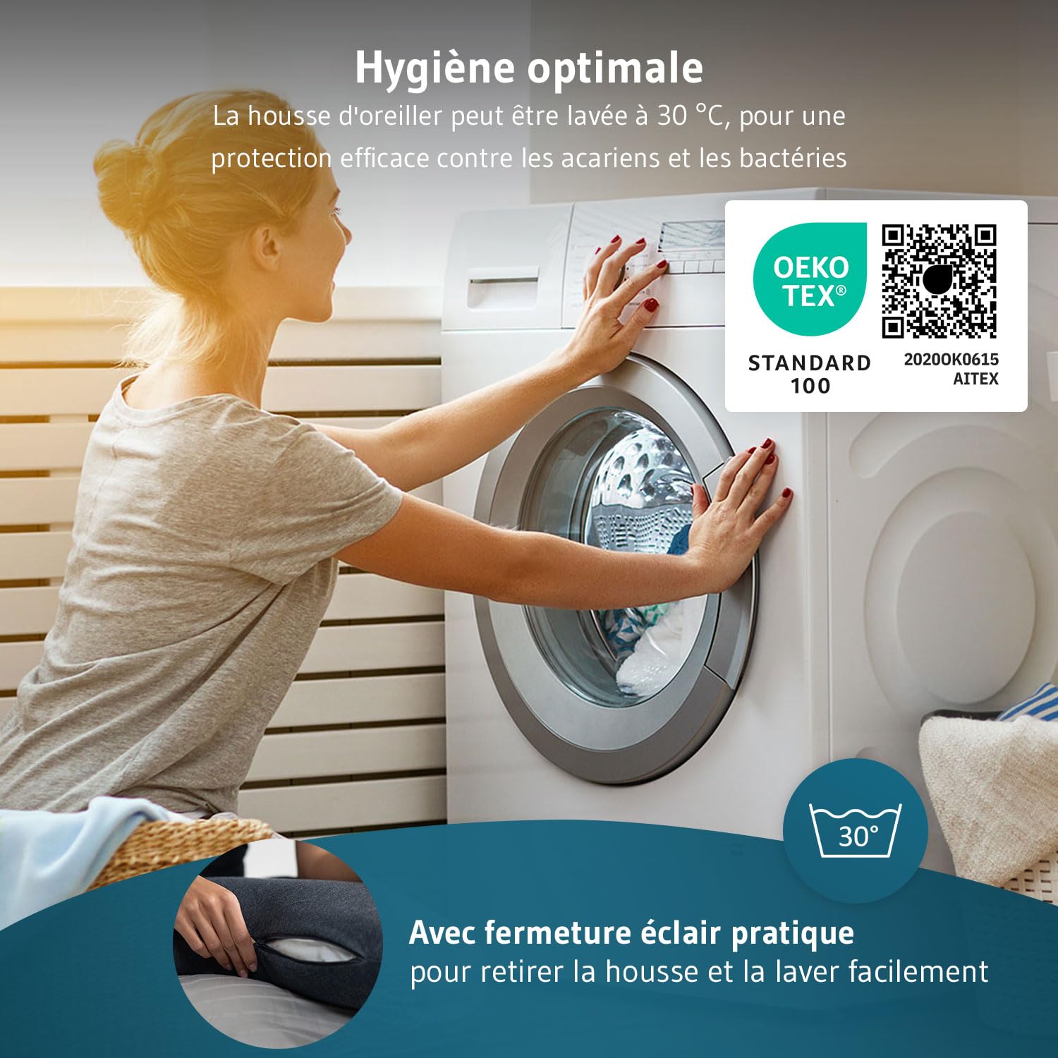 Oreiller cervical ACAMAR QuickDry à Mémoire de Forme pour dormeur latéral | Coussin ergonomique cervical idéal pour dormir sur le côté ou mi-côté ventre, housse avec thermorégulation et séchage rapide