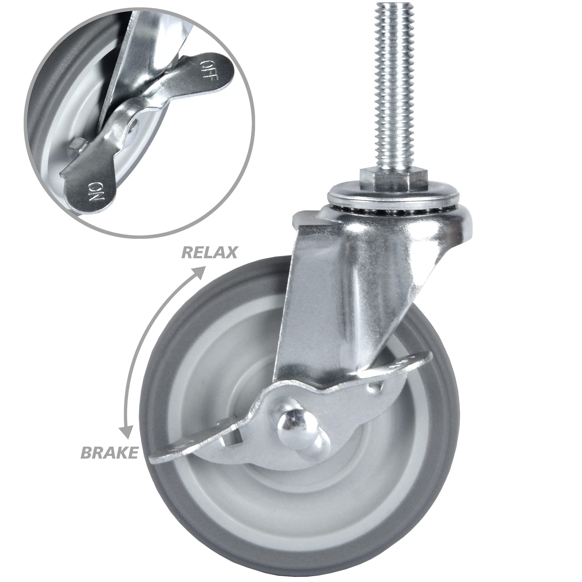 Set di 4 ruote piroettanti da 3 pollici con perno filettato per carichi pesanti, 3/8"-16x1-1/2, girevoli in gomma, ruote industriali con bloccaggio per scaffalature/mobili/carrelli in filo metallic