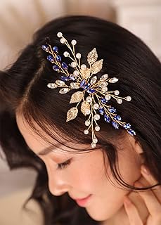 Royal Blue Crystal Gold Headpiece for Women Wedding Bridal Boho Jewelry Side Headband for Her Prom or Dancing Ball Hair Piece with Leaf