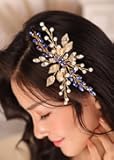 Kercisbeauty Royal Blue Crystal Gold Headpiece for Women Wedding Bridal Boho Jewelry Side Headband for Her Prom or Dancing Ball Hair Piece with Leaf