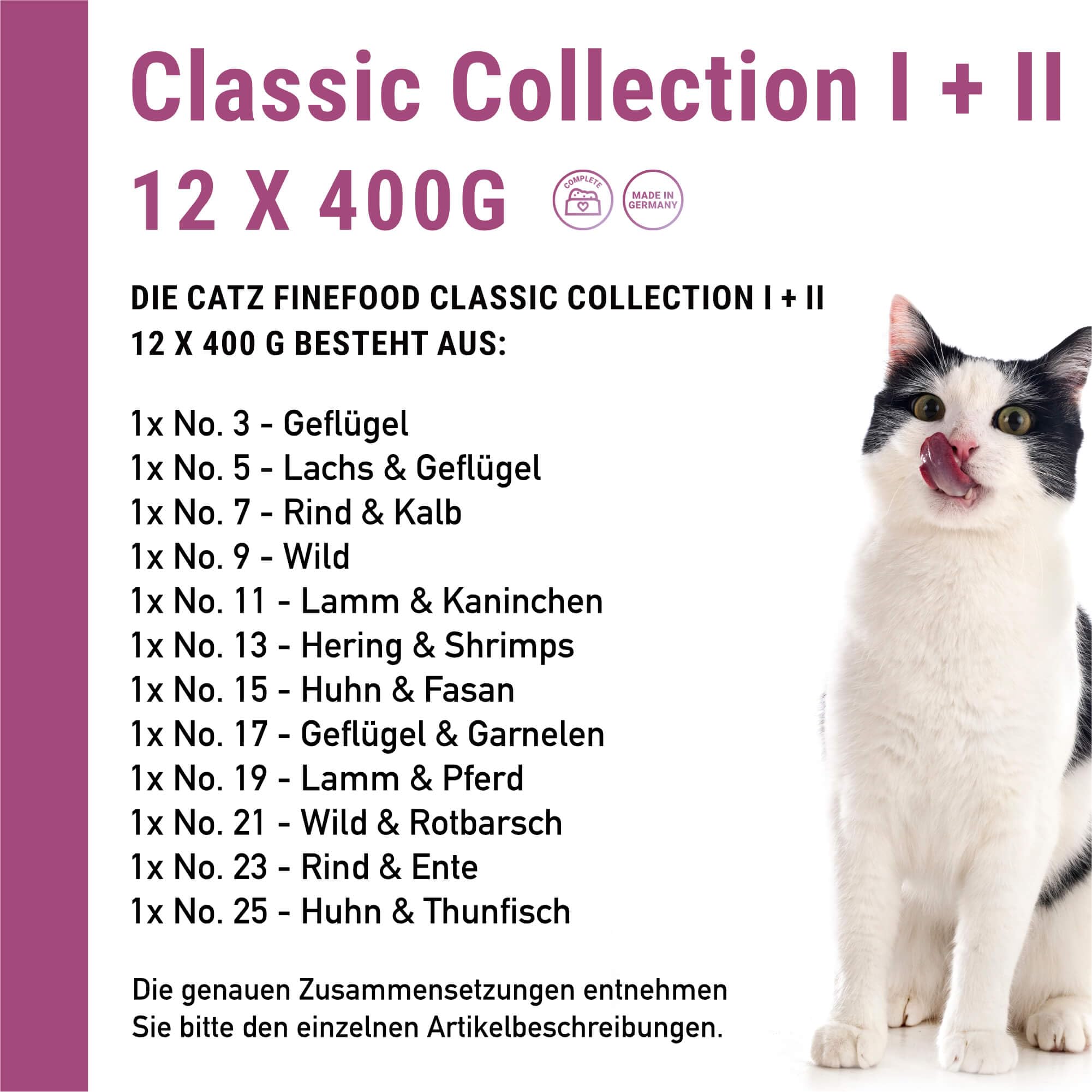 catz finefood Classic Collection mokra karma dla kotów XXL - Gourmet mokra karma dla Twojego kota bez cukru i zbóż, bezglutenowa – z dużą zawartością mięsa, Made in Germany (12 x 400 g puszek)