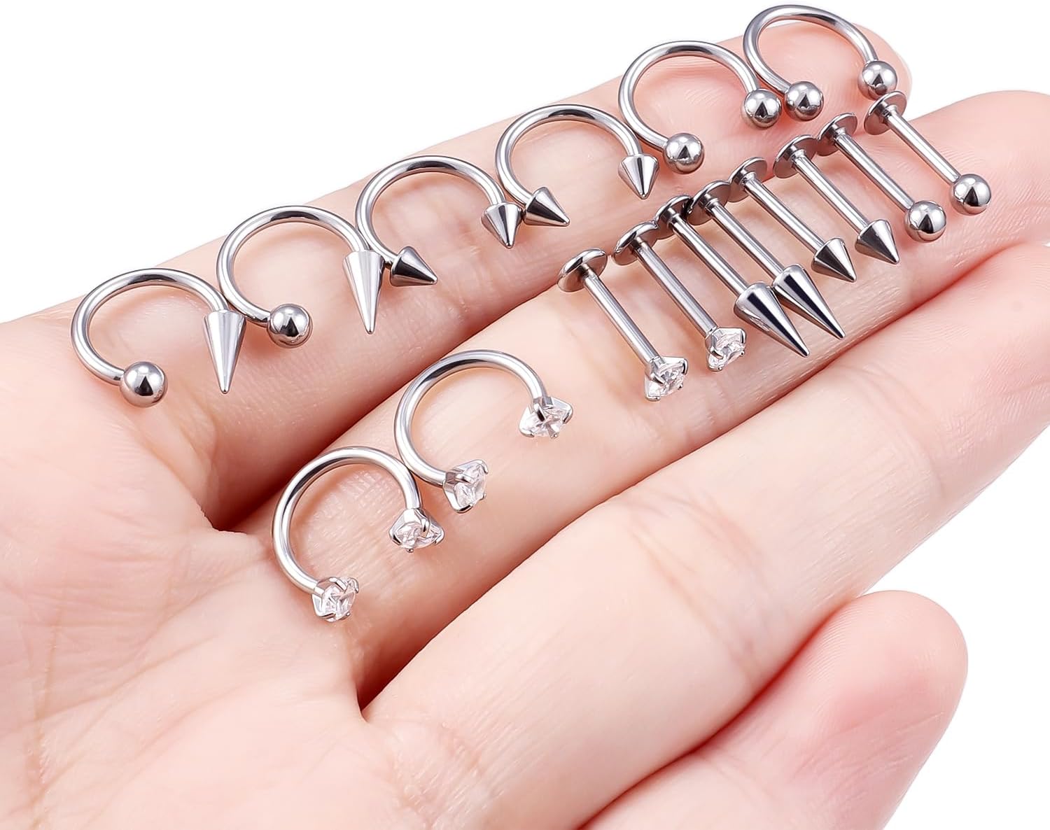 Dyknasz Snake Bite Jewelry 16g Lip Rings Surgical Steel Horseshoe Labret Jewelry Medusa Piercing Jewelry Long Spike Tragus Helix Earrings Studs for Women Men 16 Pieces - Image 4
