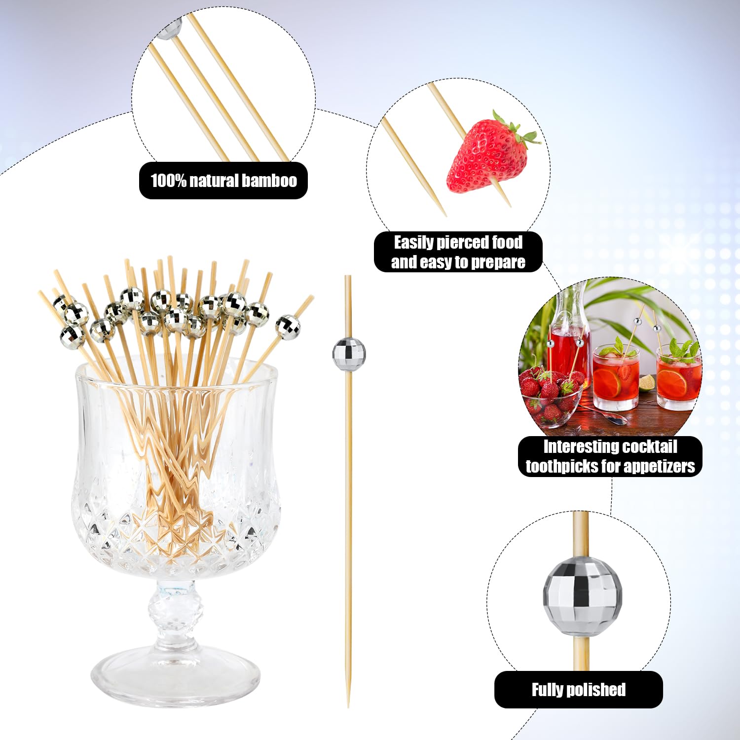 OLYCRAFT 120 Pcs Boules Disco agitateurs Cocktail 20cm Argent Ronds Top bâtons Swizzle Miroir bâtons décoratifs Cocktail Boule de Miroir agitateurs café fête de Bar Banquet Mariage Fourniture