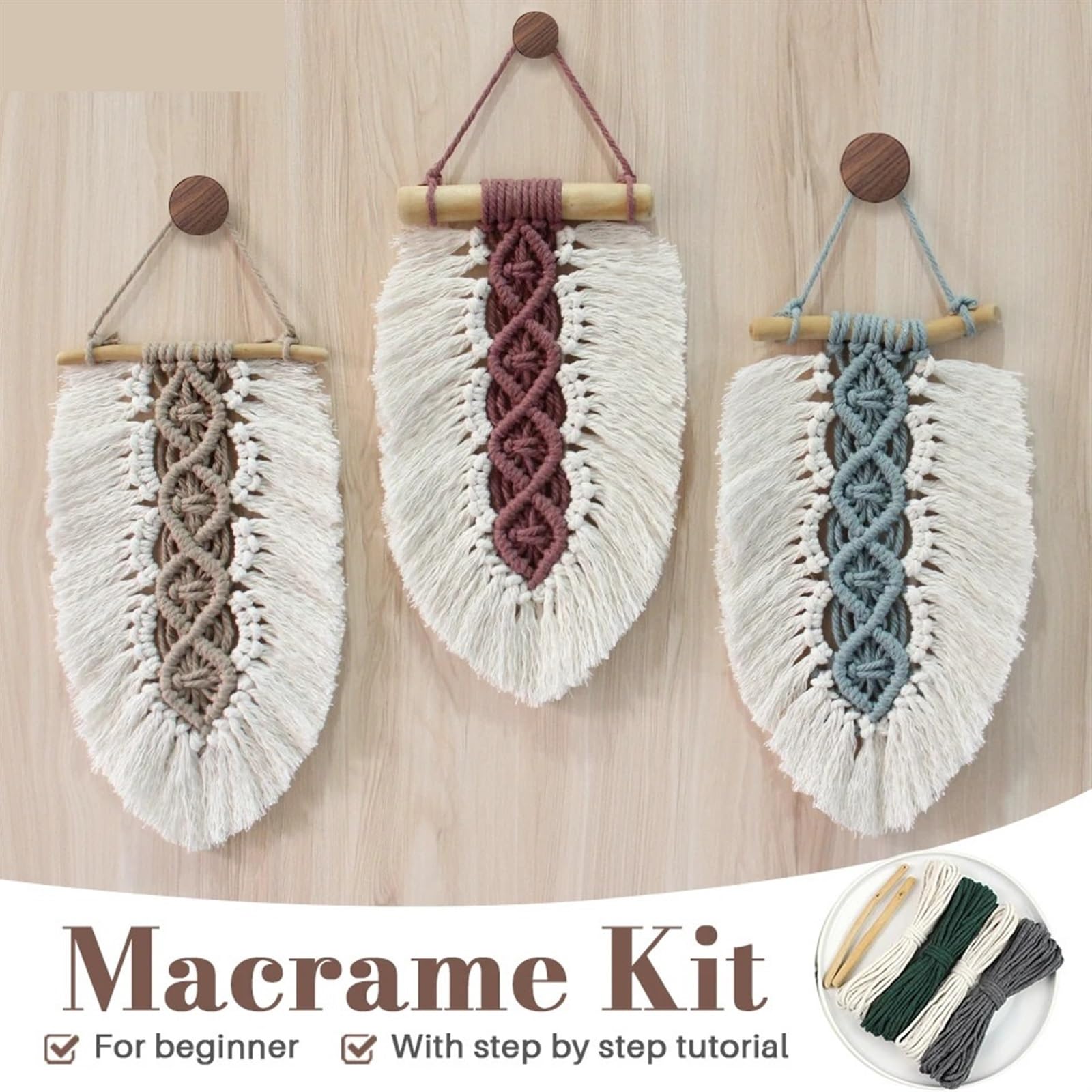 Kit De Macramé Con Borlas De Bricolaje Juego de 3 macramé de tapiz de hojas con Tutorial for principiantes, tapiz decorativo de elementos de hojas, decoración del hogar Para La DecoracióN Del Hogar(Bl