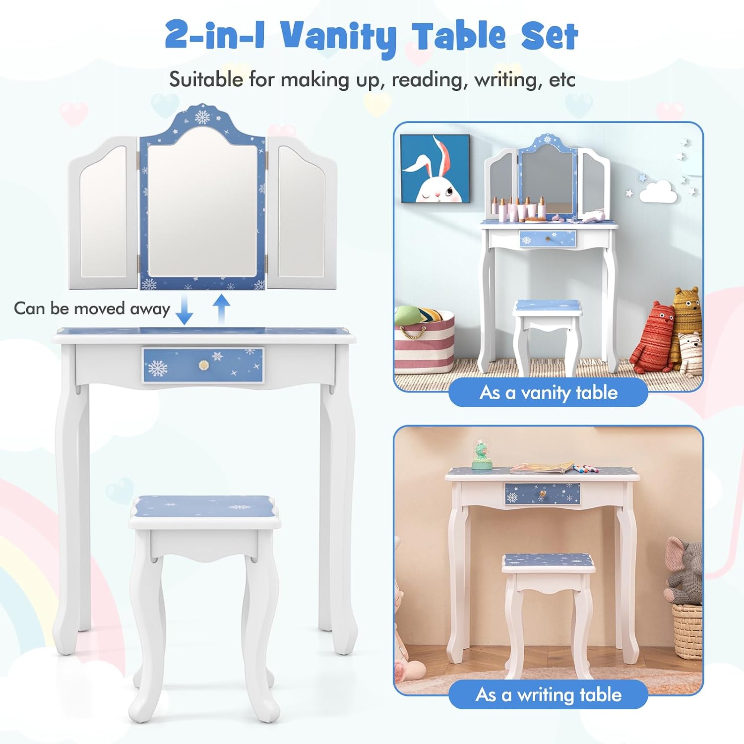 GLACER Kids Vanity Set, 2-in-1 Princess Makeup Table with Stool, Detachable Tri-fold Mirror and Large Drawer, Wooden Pretend Play Kids Vanity Table and Chair Set for Girls (Pink Polka Dot Print)