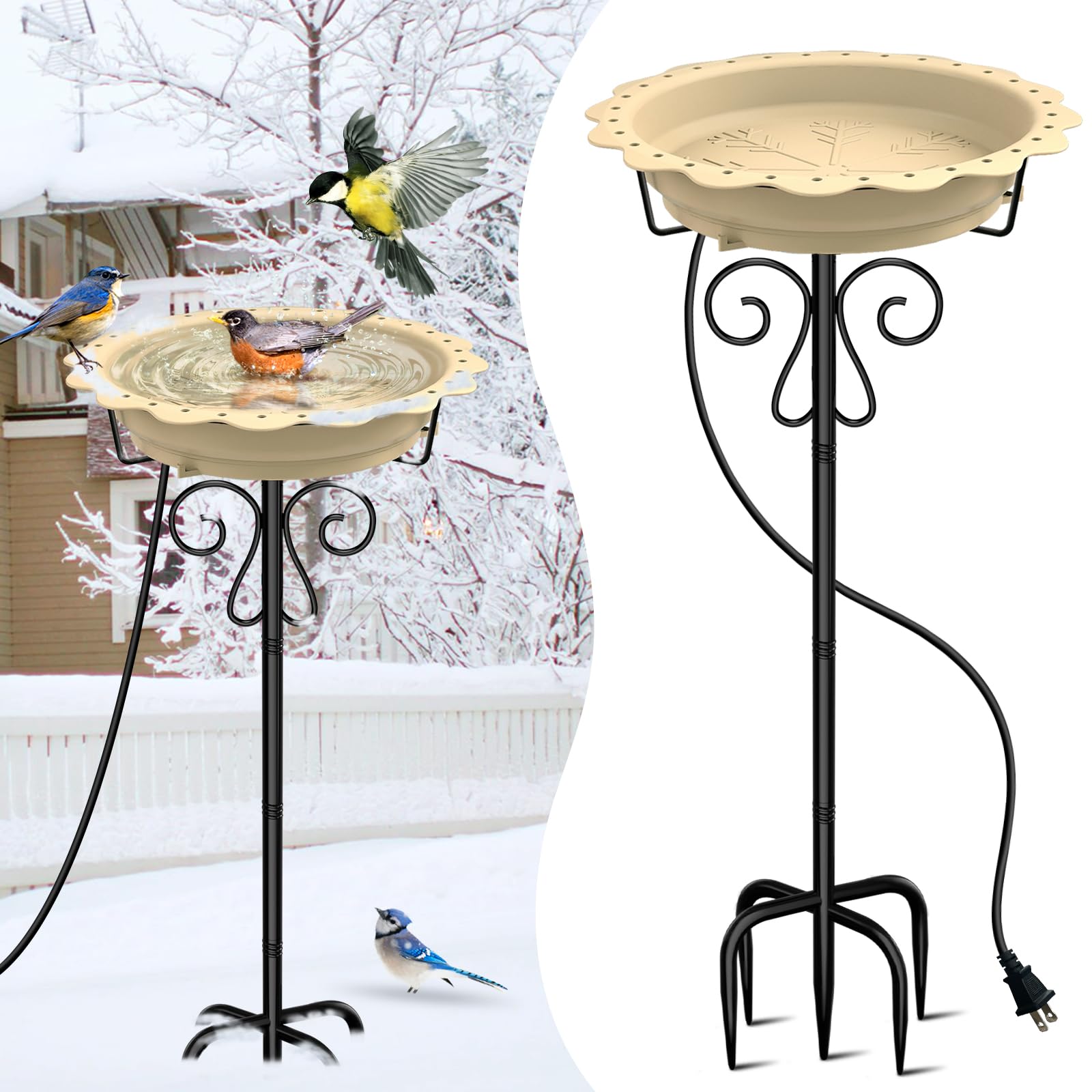 Jvgoo Heated Bird Bath, Powerful 100W Thermostat Control Heated Bird Baths for Outdoors for Winter with 5-Prong Metal Stake, Heated Birdbath Water Heater for Outside Garden Yard Patio Lawn (Khaki)
