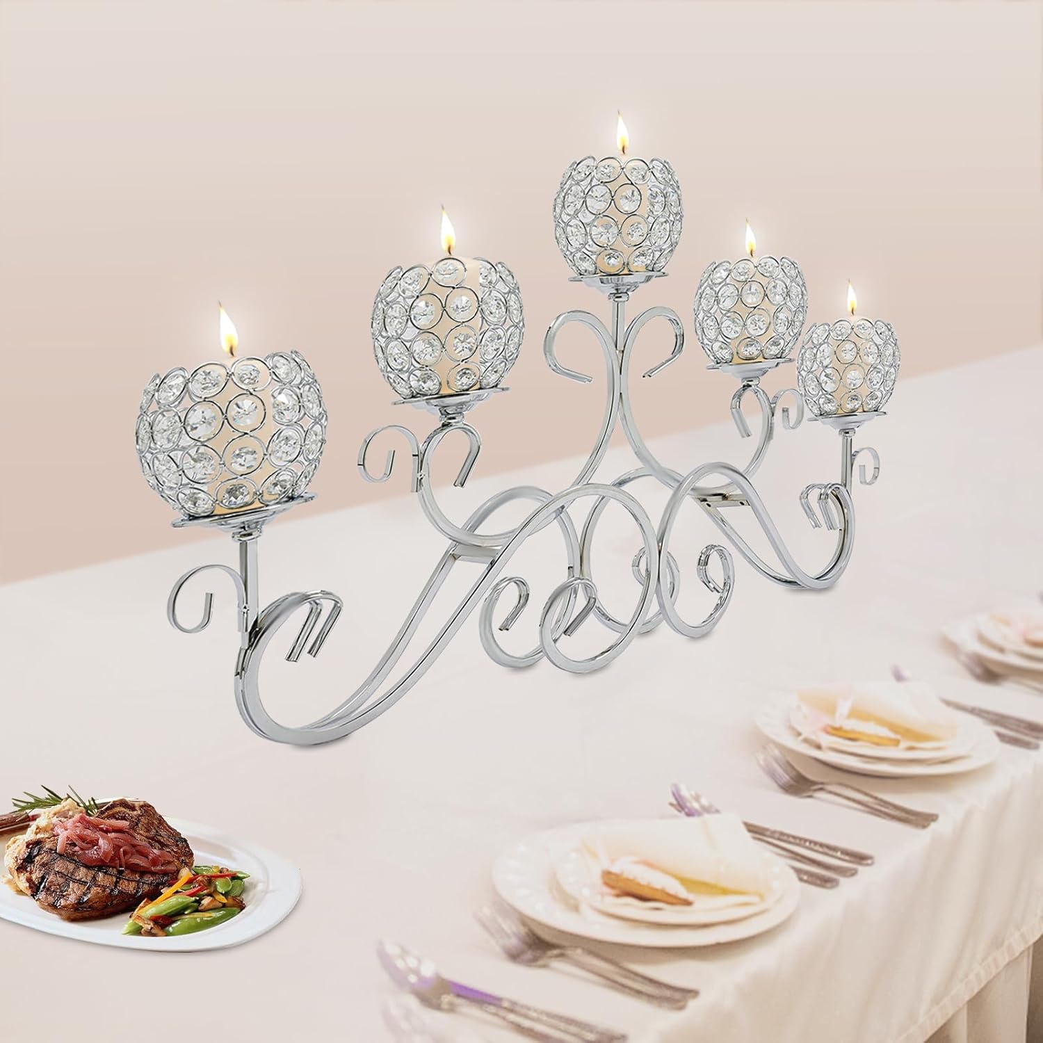 5-Arm Crystal Candelabra for Wedding Centerpieces, 13.4 Inch Tall Metal Candle Holder Candlestick Stand for Wedding Party Dinner Table Event (Silver)