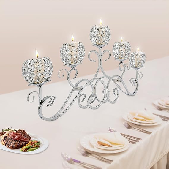 5-Arm Candle Holders Candelabra Centerpieces, 13.39Inch Tall Desktop Sliver Crystal Candelabra Candle Stand, Elegant Candle Holders Candlestick for Weddings, Parties, Celebrations