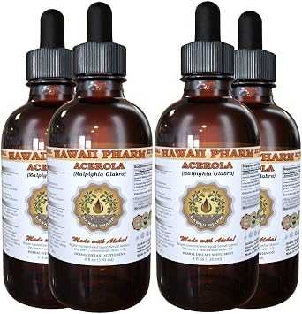 Hawaii Pharm Acerola Liquid Extract, Acerola Malpighia Glabra Dried Berry Powder Tincture Herbal Supplement 4x4 oz