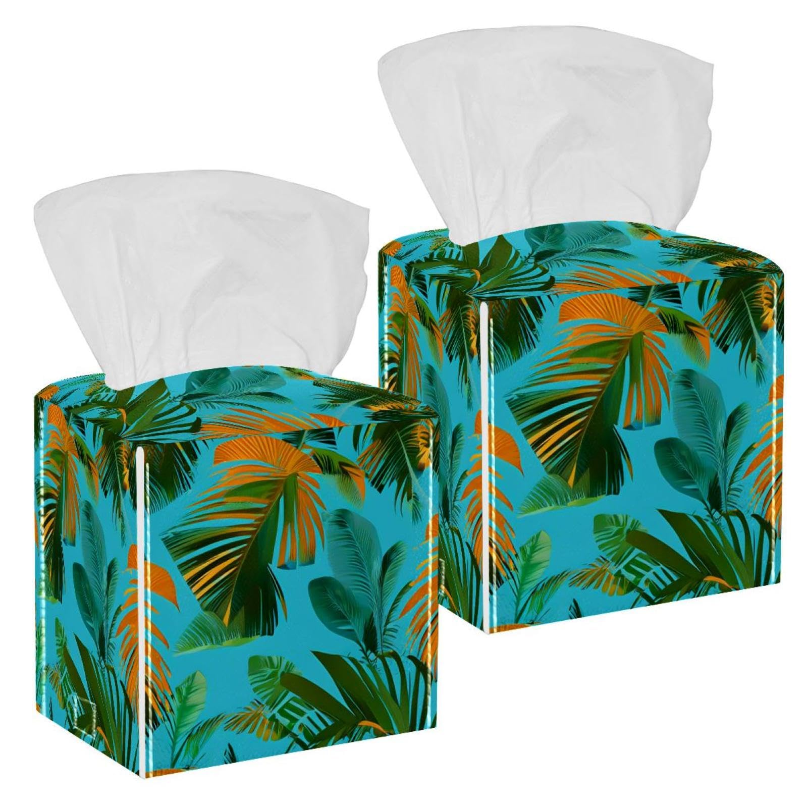 Coconut Leaves Tissue Box Cover, 2 Pack PU Leather Square Facial Tissue Dispenser Box holder for Home Office Car