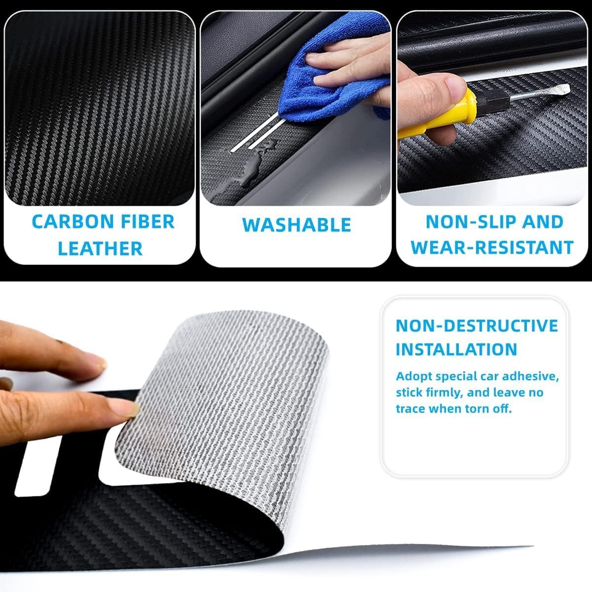 Universal Car Door Sill Protectors Blessed Car Accessories 4Pcs Carbon Fiber Vinyl Threshold Decorative Scuff Plate,Anti-Scratch, Anti-Dirty, Waterproof