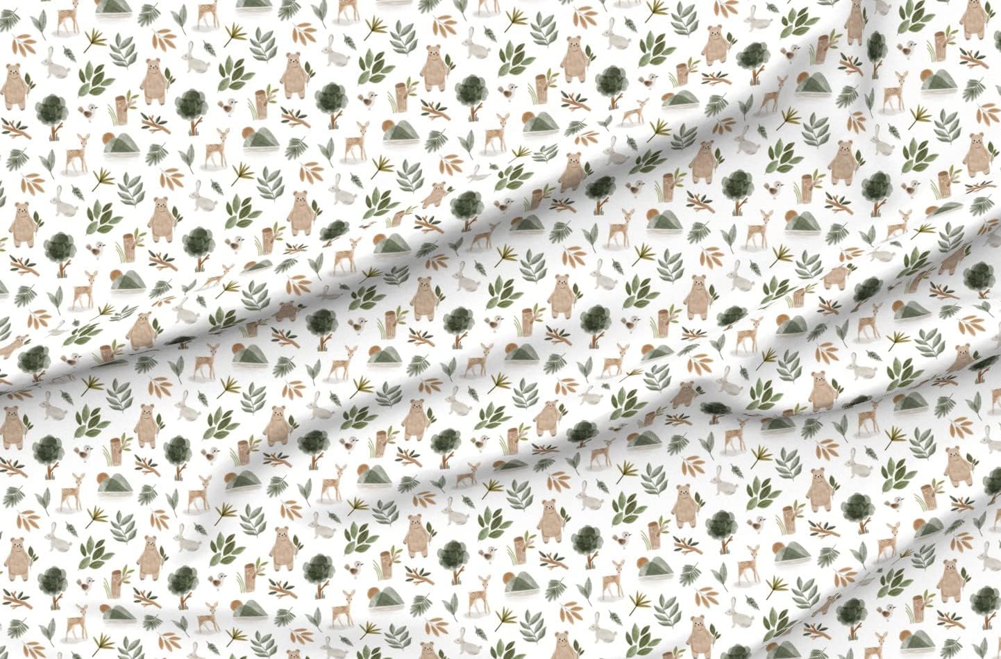 Spoonflower Fabric - Nature Deer Forest Woodland Rabbit Bunny Bear Unisex Gender Neutral Printed on Petal Signature Cotton Fabric by the Yard - Sewing Quilting Apparel Crafts Decor
