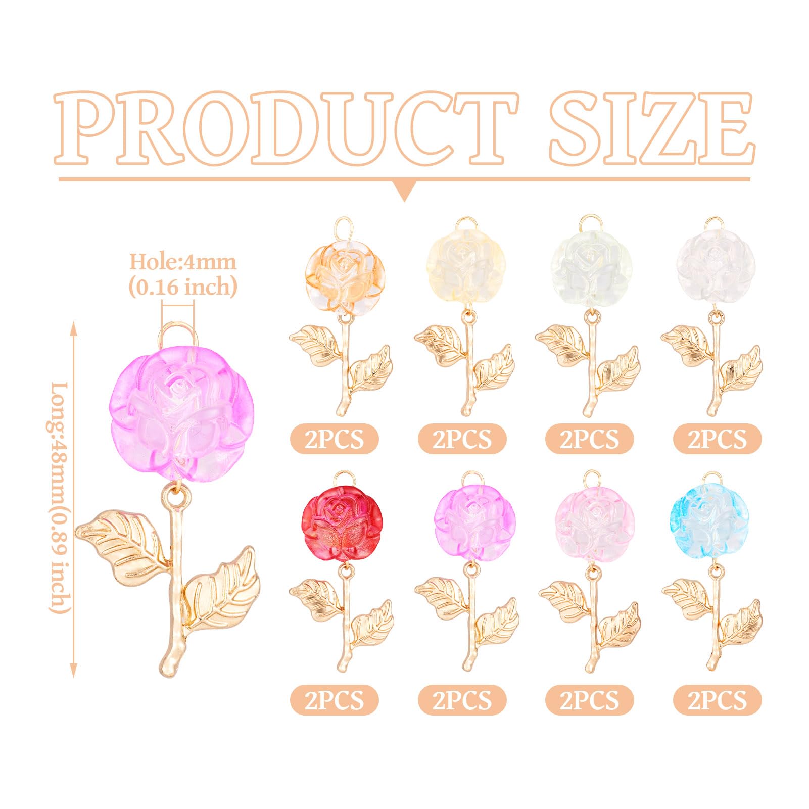 Crafans 16Pcs Rose Charms Transparent Colorful Acrylic & Alloy Flower Pendants Colorful Rosary with Golden Leaf Blossom Charms for DIY Necklace Earring Jewelry Making - Image 4