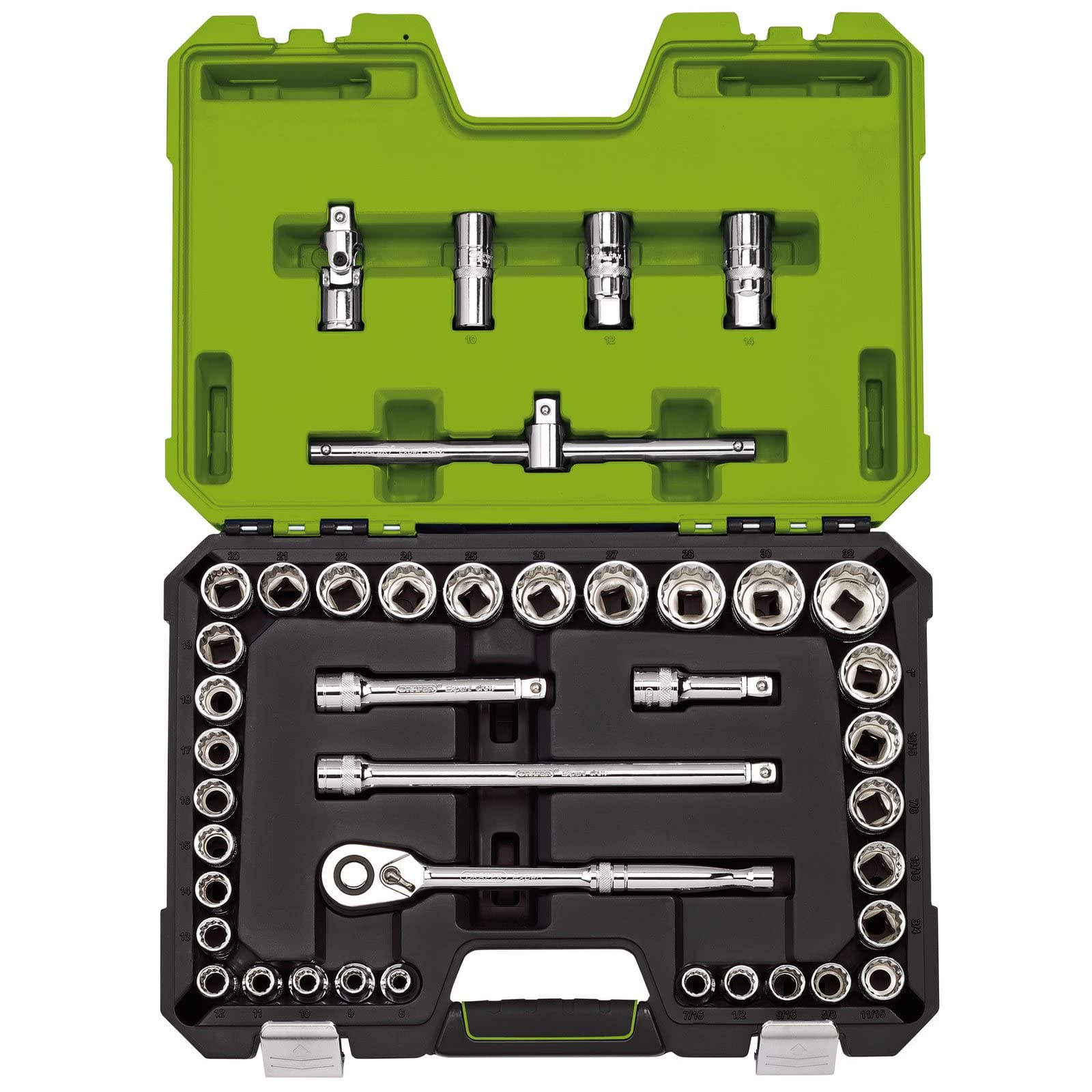 Draper Expert 41 Piece mm/af Combined Socket Set 1/2 Sq Dr Green With Ratchet And Accessories In Storage Case from B&Q
