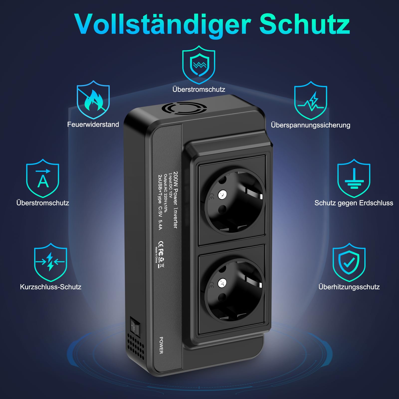 200 W Auto-Spannungswandler, Wechselrichter, DC 12 V auf AC 230 V, mit 2 Steckdosen und 3 USB-Anschlüssen, Schnelllade-Autoladegerät mit Zigarettenanzünderstecker für Geschäftsreisen und Urlaub
