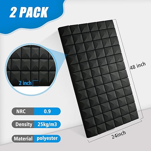 Miniatura 6 de Paquete de 2 paneles acústicos, 48 x 24 x 2 pulgadas, espuma a prueba de sonido, de alta densidad, resistentes al fuego, paneles acústicos para el
