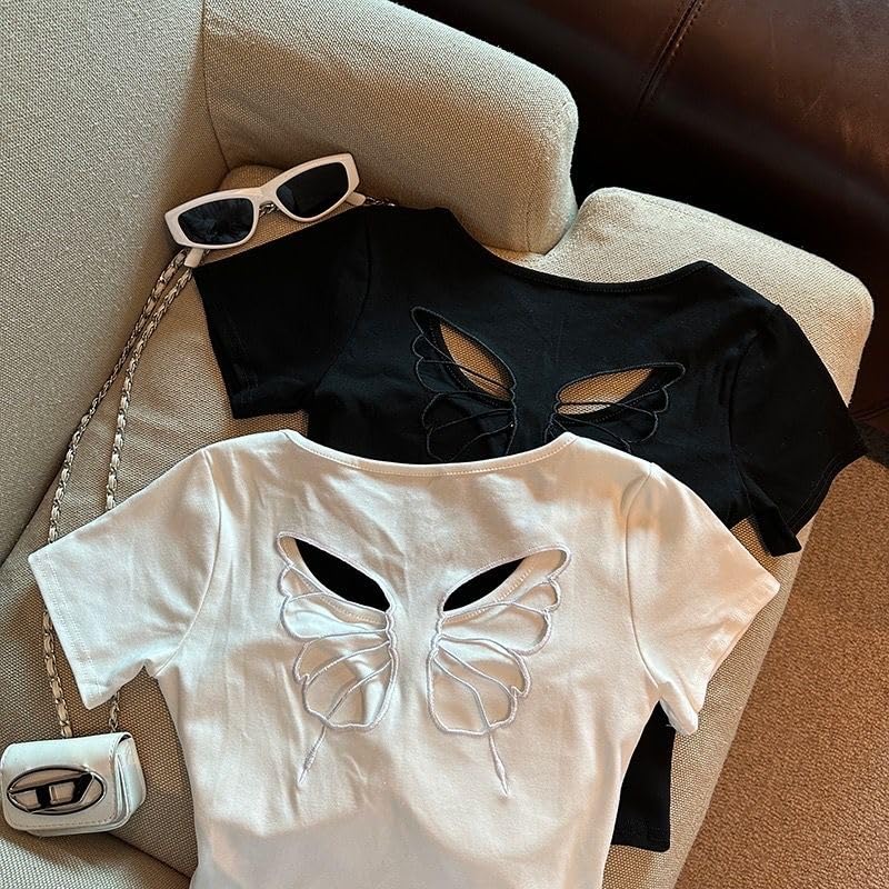 Image of ICW Women's Streetwear Round Neck Butterfly Cutout Back Short-Sleeve Padded Crop Top T-Shirt Dn249