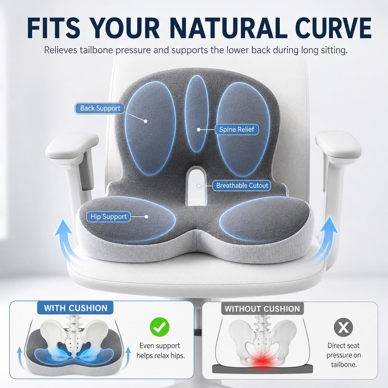 Celnva Orthopedic Seat Cushion – L-Shaped Lumbar Support Memory Foam Comfort for Long Sitting, Ergonomic Support for Office Chair, Wheelchair, Car & Travel (Gray) thumbnail
