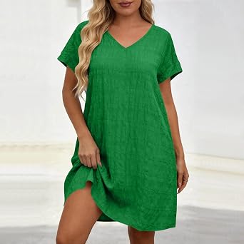 Beessbest Plus Size Summer Dresses for Women Casual Short Sleeve Dress Loose Oversized T Shirt Sundress V Neck Texture Dress