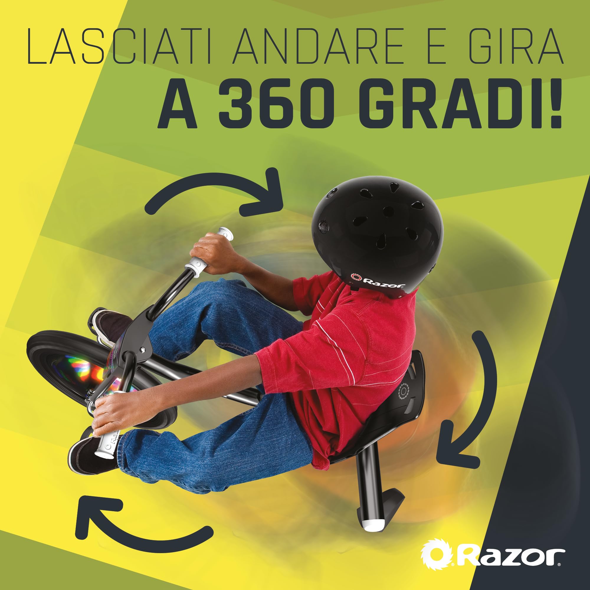 Razor RipRider 360 Lightshow - Triciclo per Bambini dai 5 anni in su con Sterzo a 360°, Luci Multicolori Attivate dal Movimento, Trike a 3 Ruote con Ruote Posteriori - Nero