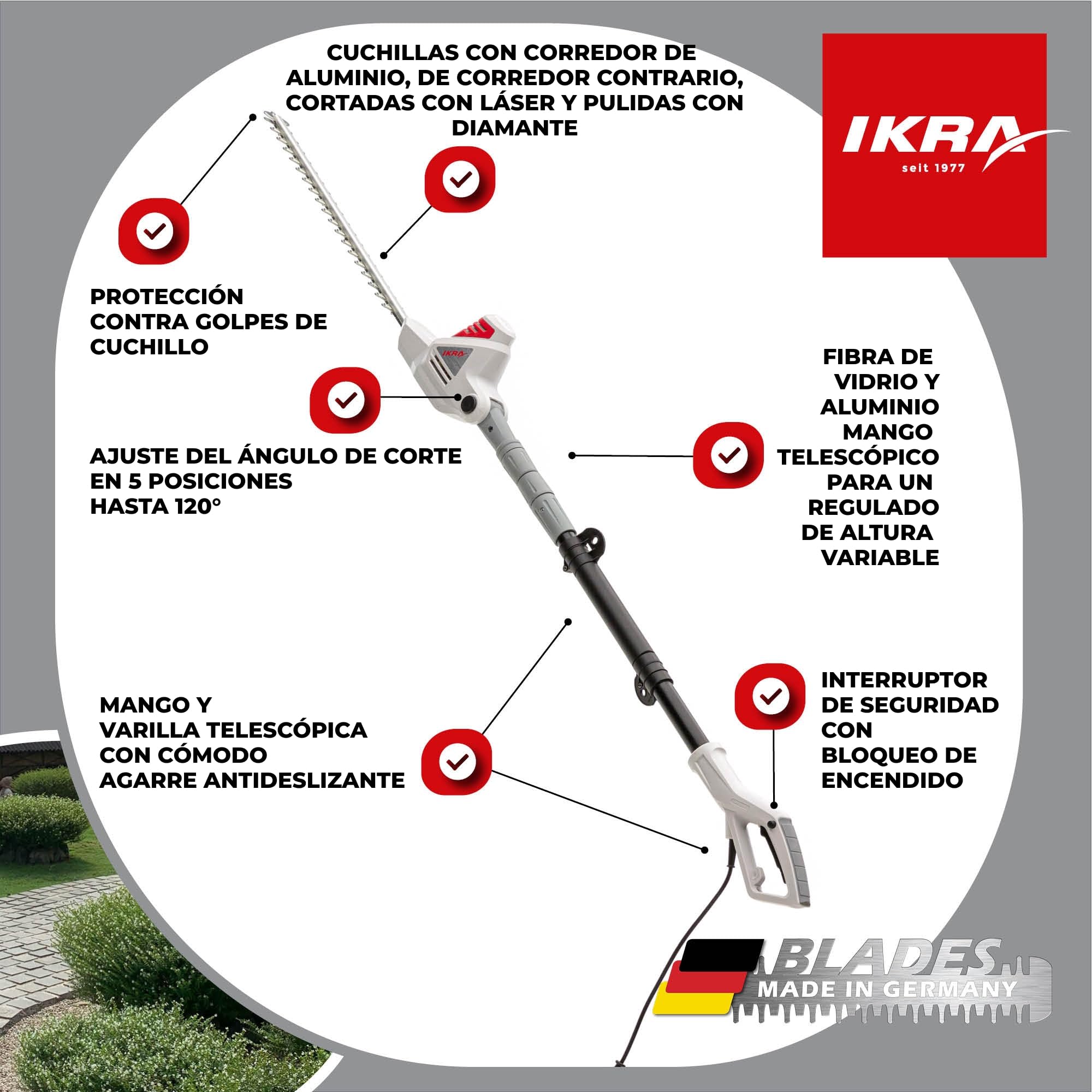 IKRA cortasetos telescópico eléctrico ITHS 600, longitud 51 cm, con gafas | Telescópico y con ángulo ajustable, grosor de corte de 20 mm, incluye correa para el hombro, cuchillas fabricadas en Alemania