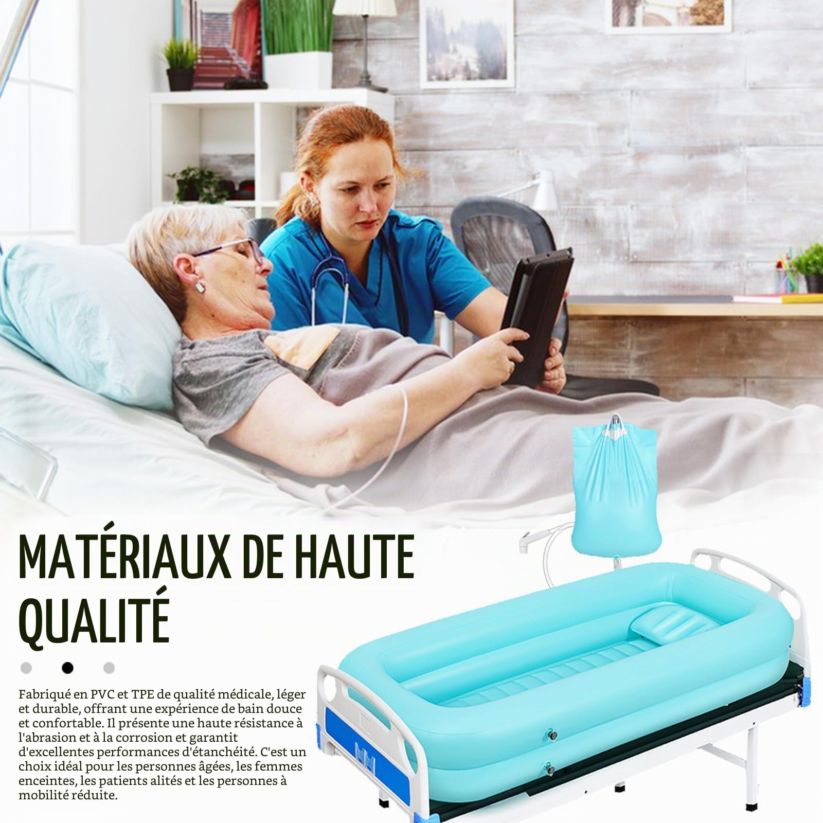 Kit de Baignoire Médicale Gonflable, Système de Douche Portable avec Pompe à Air électrique et Sac à Eau