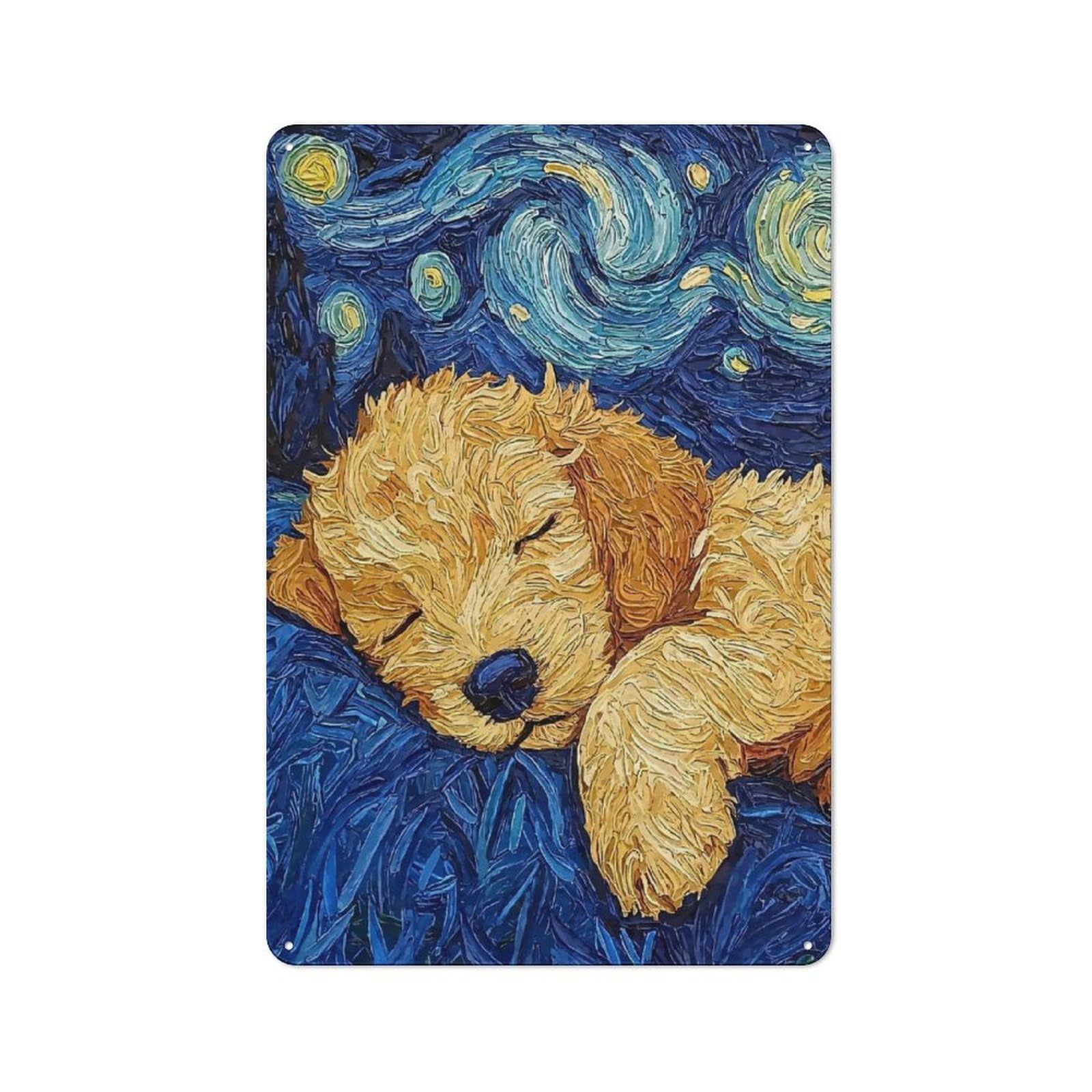 Junmoney Style-16 Classic Puppys Starry Night Metal Wall Plaque 30X20cm, Nostalgic Wall Art For Living Room, Hallway, Kitchen Or Cafe