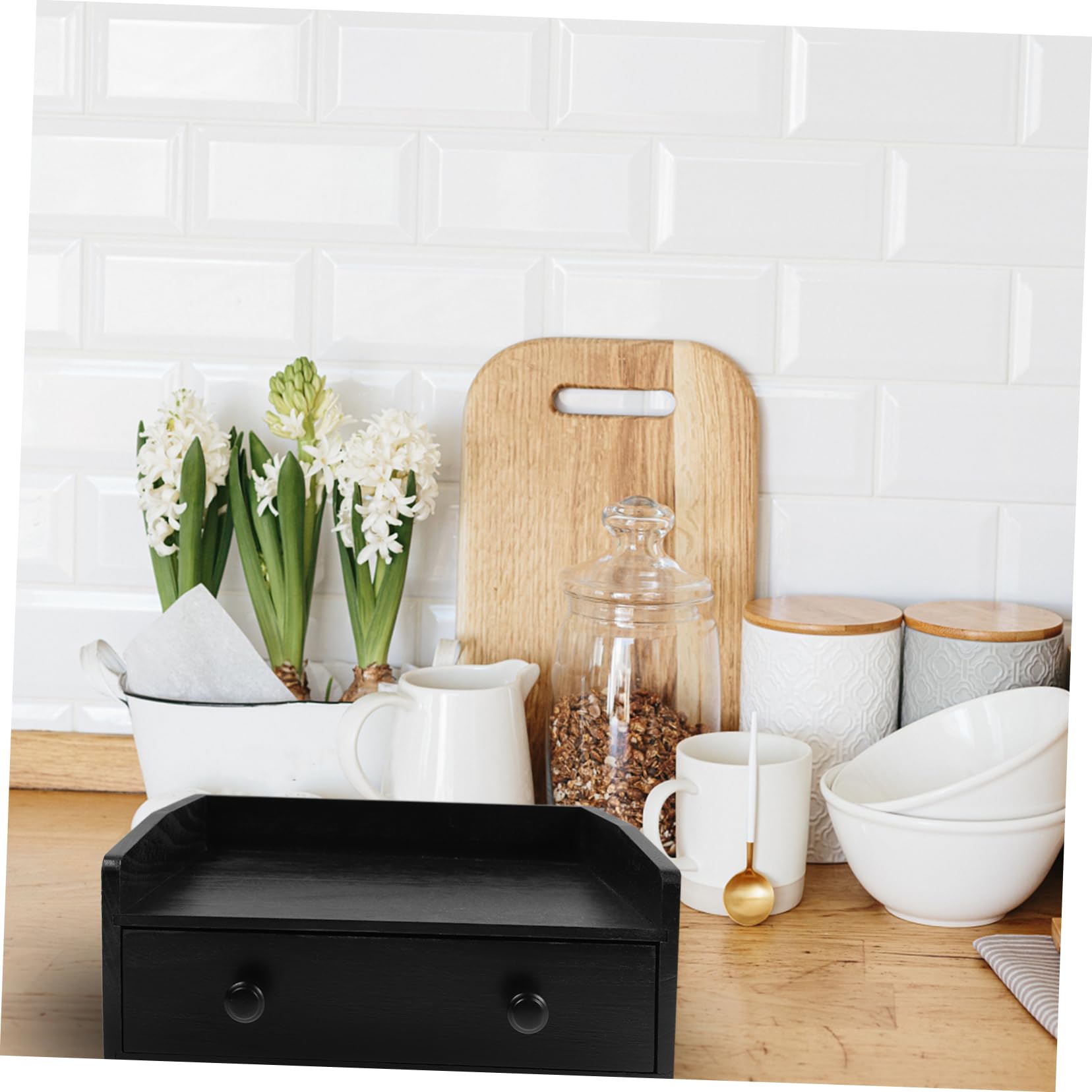 Cabilock Gabinete de Almacenamiento de Sobremesa de Madera Negra con Diseño Multifuncional y Cajones para Organizar Café E Ingredientes en Oficina o Decoración del Hogar