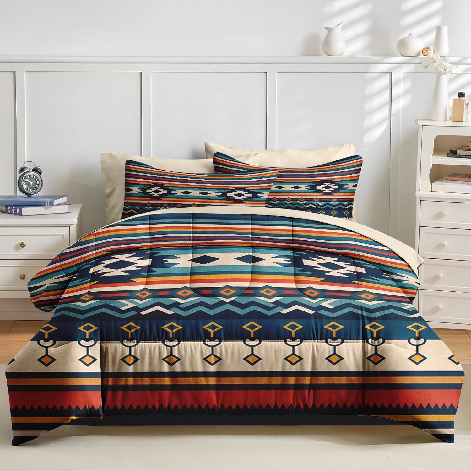 Nesker Comforter Set Queen Size, Southwest Aztec Geometric 7 Pcs Bedding for Kids and Adults, Bohemian Vintage Bed Sheet Sets with Fitted Sheet 2 Pillowcases & 2 Shams - Image 3