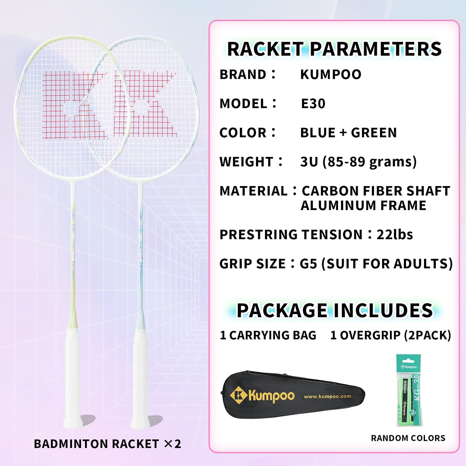 Badminton Set with 2 Carbon Shaft Badminton Rackets, 1 Grip Cover, 1 Carry Bag - Badminton Racket Set of 2 for Backyards, Badminton 2 Racquets for Beginners Adults Outdoor Games Exercise