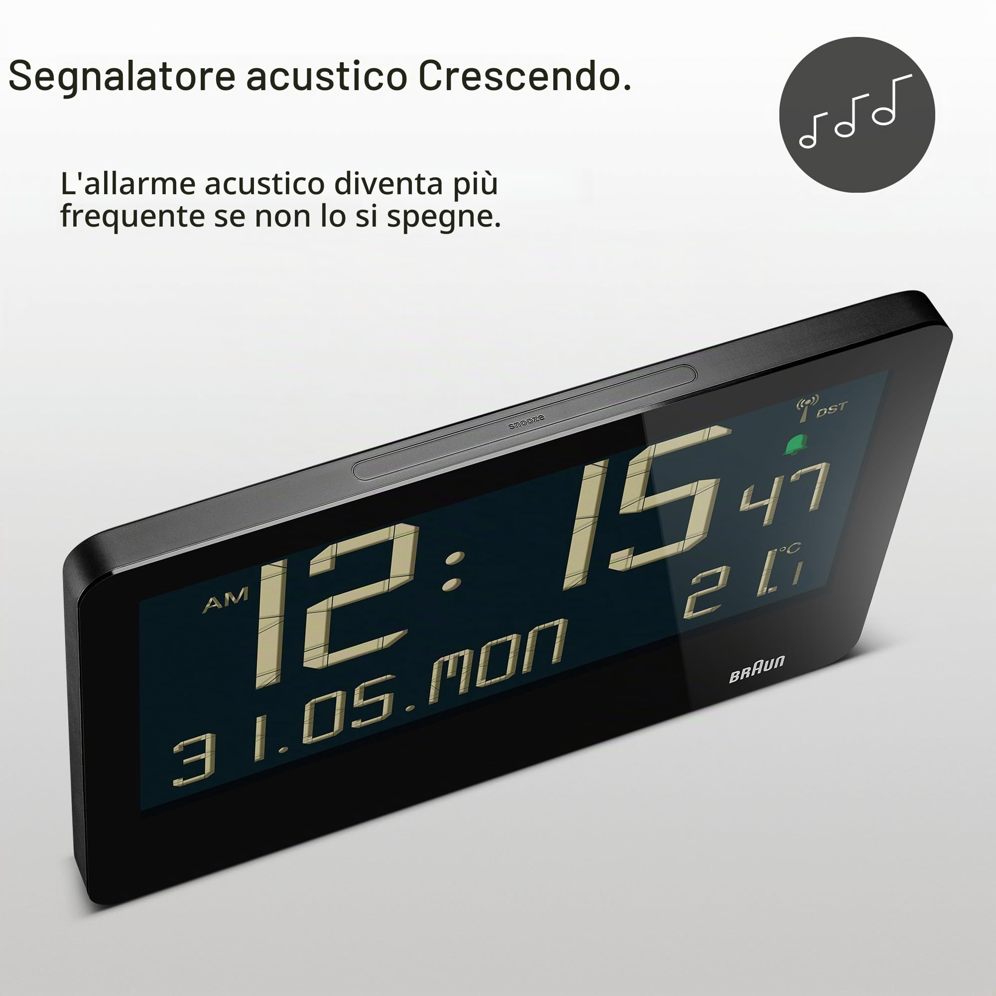 Braun Orologio da Parete Digitale Radiocontrollato con Ora dell'Europa Centrale (DCF) con Temperatura, Data, Giorno, Ampio Display LCD Reverso, Allarme Acustico Crescendo in Bianco, Modello BC14B-DCF