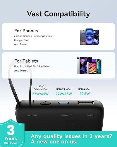 Miniatura 7 de INIU Banco de energía de 45 W, cargador portátil más delgado de 10000 mAh con cable USB-C integrado, batería de entrada y salida USB C de carga