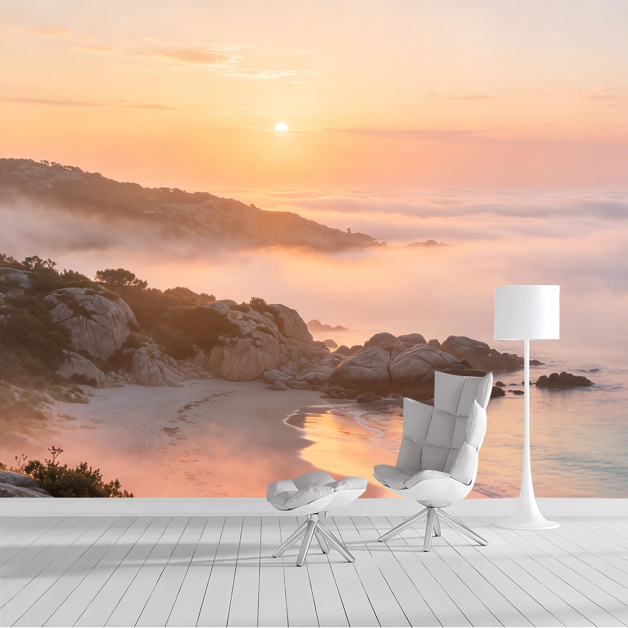 Custom Size Wall Mural Coastal Sunset Beach Mist Ocean Landscape Seascape SelfAdhesive Wall Fabric Removable Peel and Stick Wallpaper Wall Decor for Living Room Bedroom Bathroom