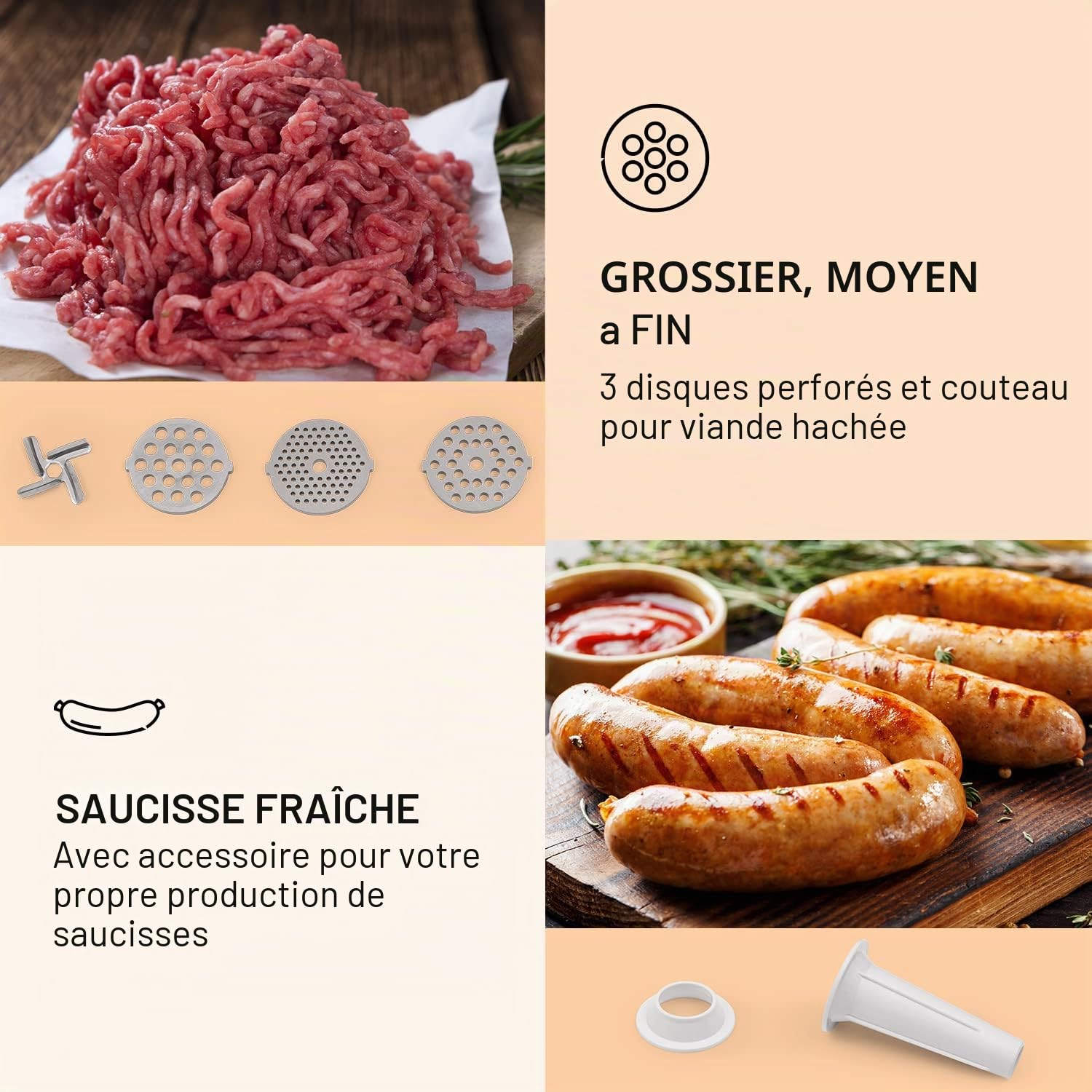 Klarstein Mighty Mince - hachoir à viande électrique - puissance 500 à 1361 W, hachoir électrique avec accessoires pour saucisses, kebbe et purée, presse-tomates, avec poignées - Blanc