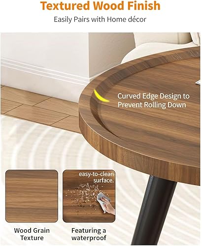 Miniatura 7 de Juego de 2 mesas de centro redondas anidadas, mesa de té de nogal para espacios pequeños, mesa central circular de madera con acanaladas, mesas de