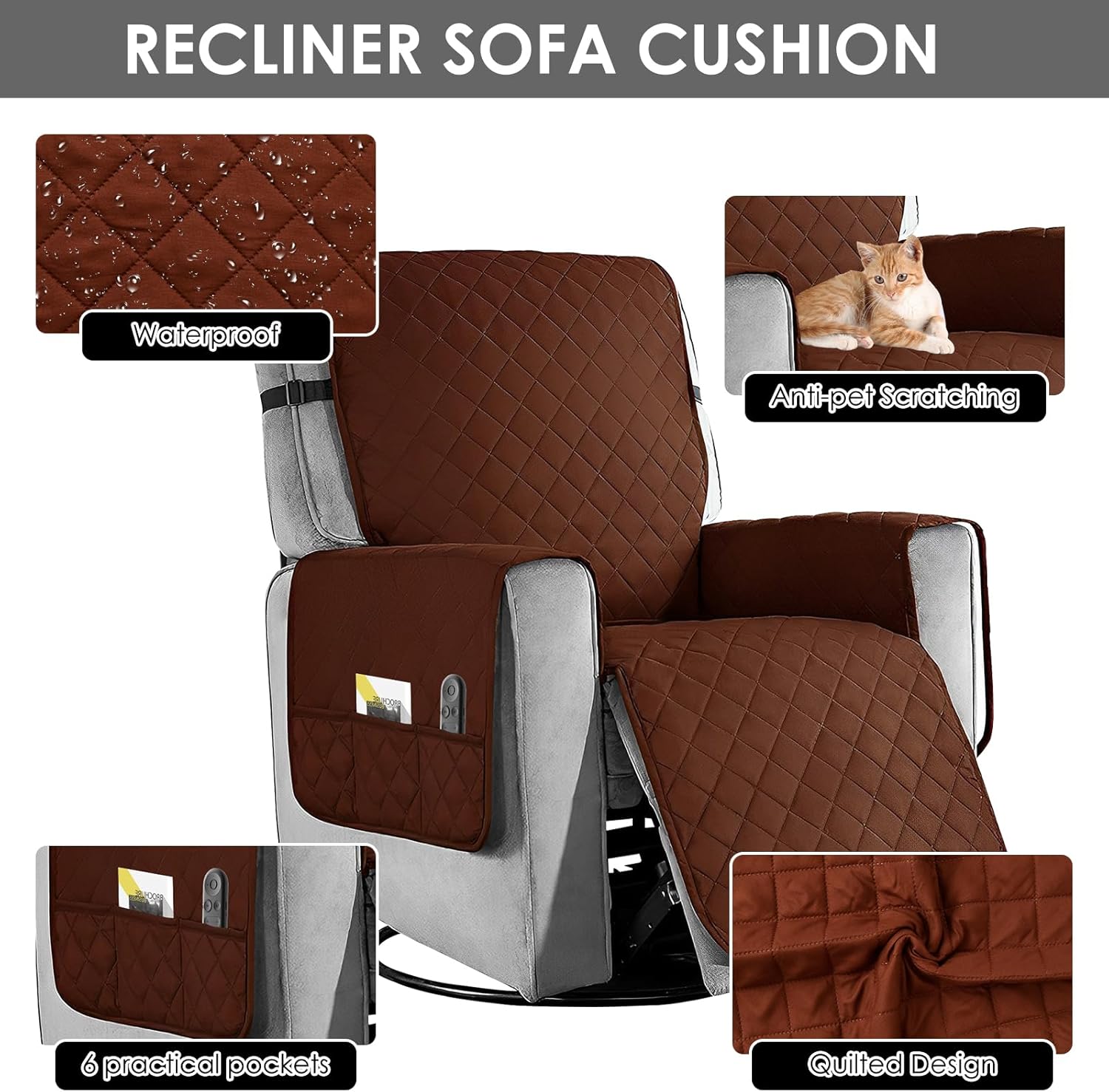 Waterproof Recliner Chair Cover, Nonslip Recliner Cover, Integrated Recliner Cover With Elastic Strap Side, Washable Slipcover with Pocket, Ideal Recliner Slipcovers for Pets and Kids (Brown)