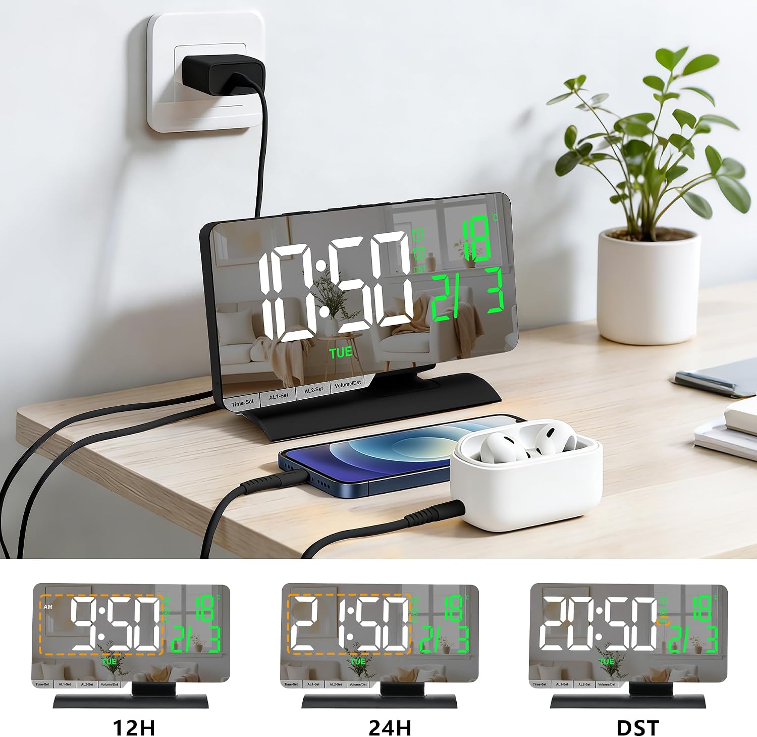 SZELAM Digital Clock,Alarm Clock Bedside,7.3'' Large LED Mirror with Date Display,Temperature,Dual Alarm with 3 Mode,Brightnee Adjust,DST,USB C Charging Port,5 Levels Volume for Desk Bedroom Teens