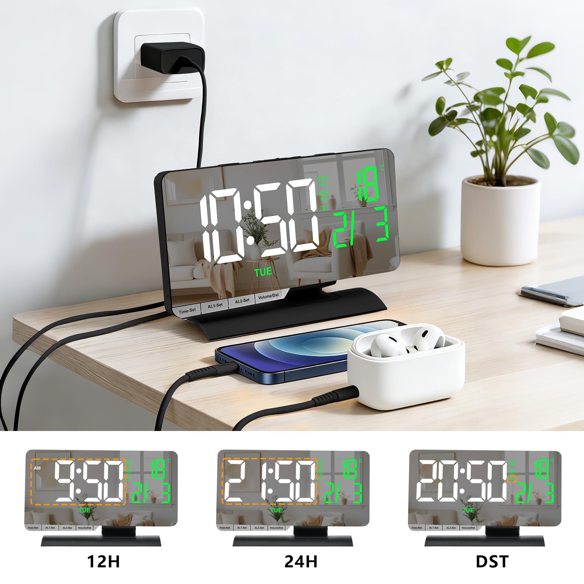 Zegar cyfrowy, budzik przy łóżku, 18 cm duże lustro LED z datą, wyświetlaczem dnia, podwójny budzik z 3 trybami, Brightnee, DST, funkcja drzemki, port ładowania USB C, 5 głośności, na biurko, do