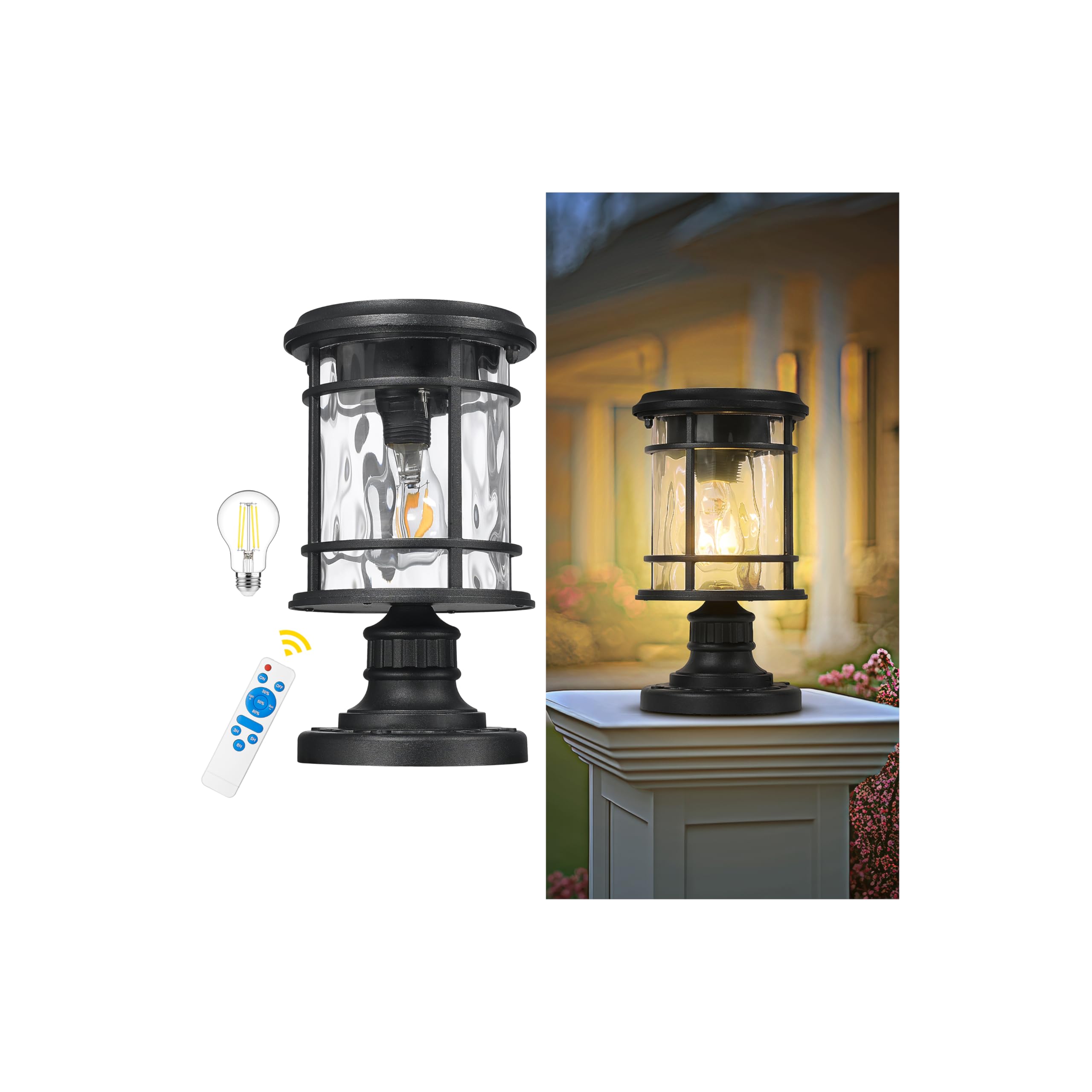 Emliviar Portable Solar Post Light Fixture with Fixed Pire Mount Base, Black 11“ Outside Solar Table Lamp with Remote Control, LED Post Lantern Head with Water Ripple Glass, XE229P-S-ML SL BK-image-5