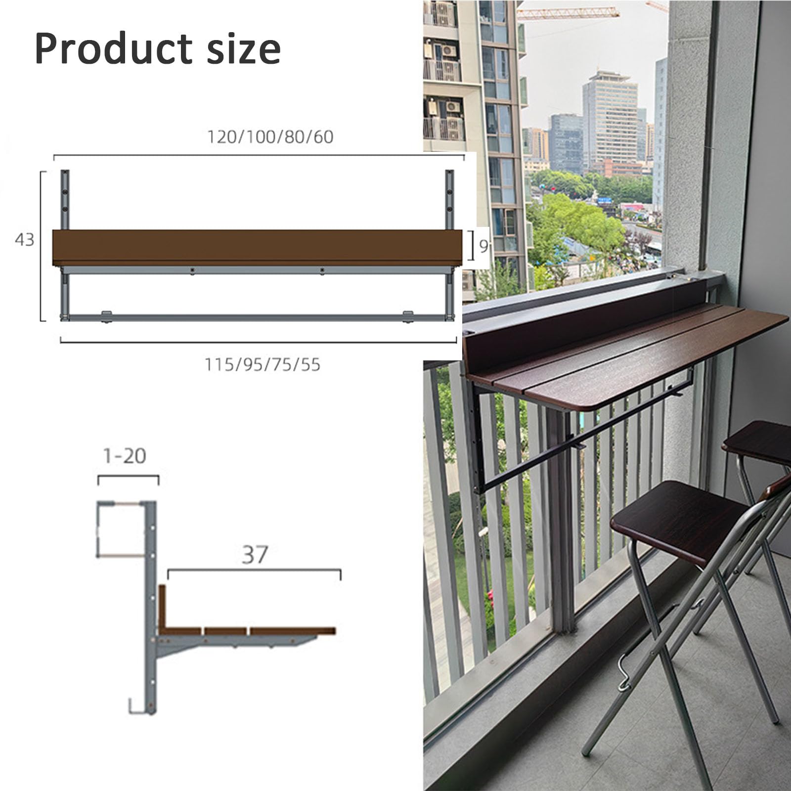 SkyFace Składany wiszący stół balkonowy, wiszące stoły z 5 regulowanymi wysokościami do zewnętrznego tarasu ogrodowego, składany stół z profilu aluminiowego (100 x 37 cm)