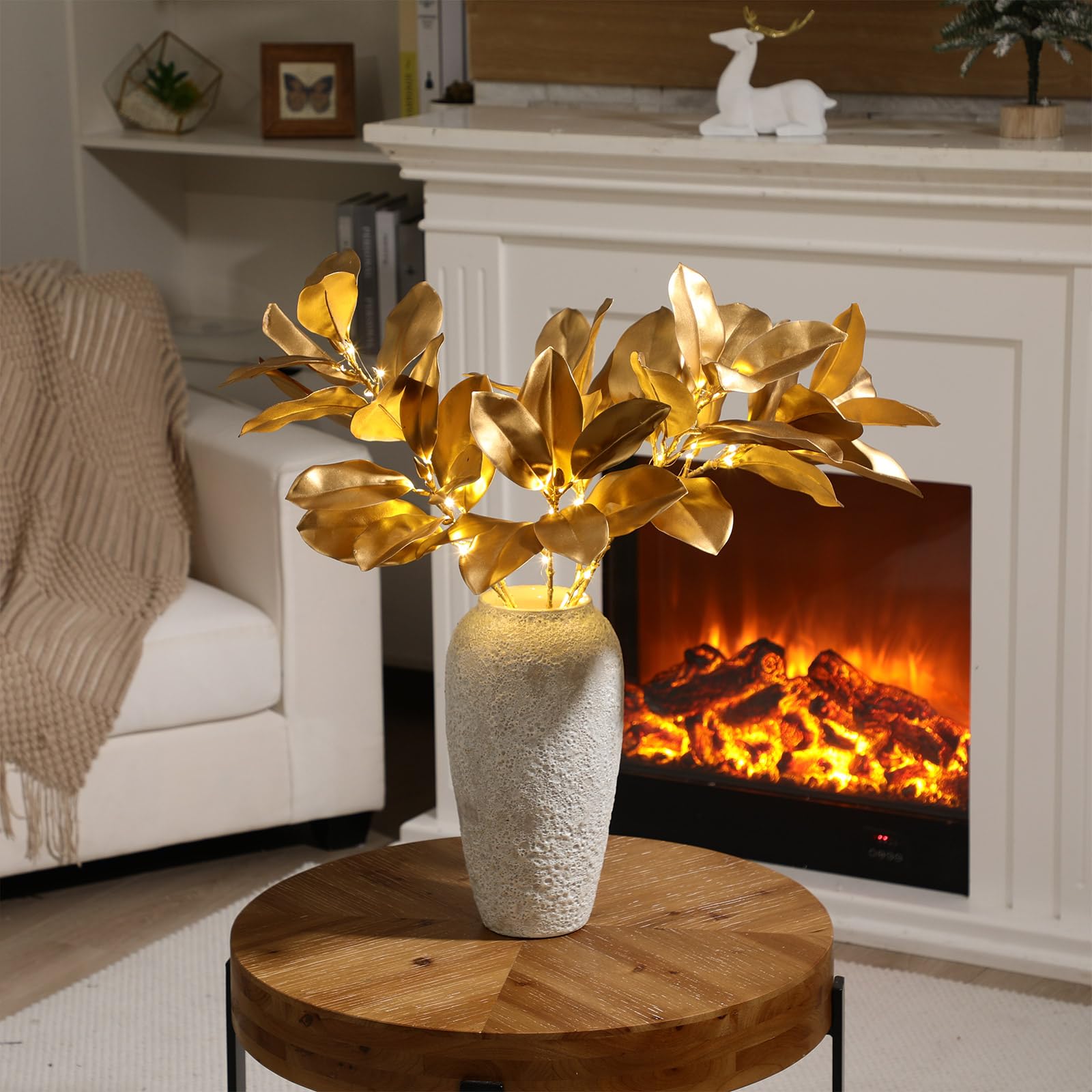 Retisee Magnolien-Zweige aus künstlichem Gold, beleuchtet, 65 cm, Magnolien-Plektren mit Lichterkette, künstliche Blätter, künstliche Zweige für Herbst, Weihnachten, Vase, Zuhause, Büro
