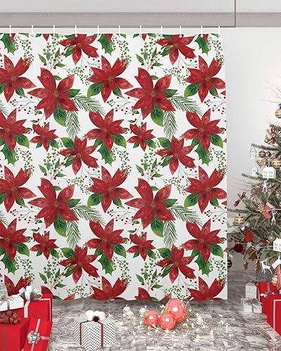 Miniatura 5 de Cortina de ducha de Navidad, diseño de flor de pascua roja, hojas verdes, cortina de baño, impermeable, juego de cortinas decorativas con ganchos,