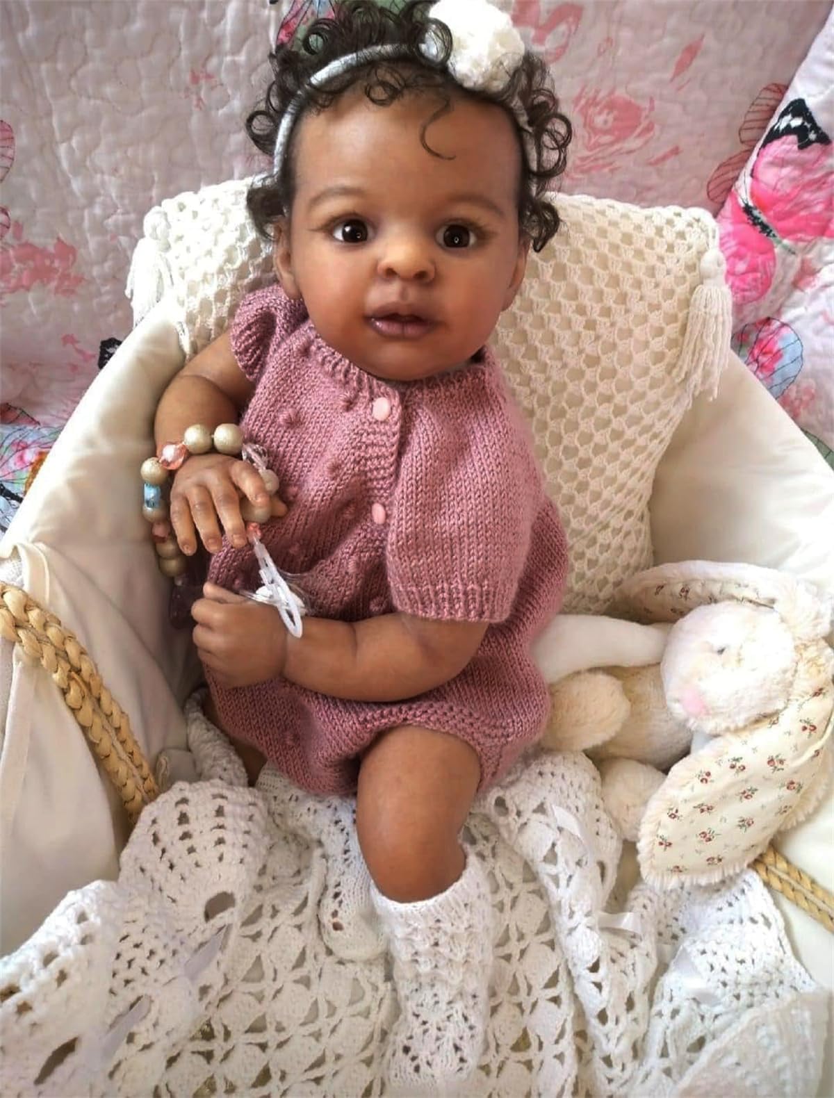 Zero pam Reborn Baby Mädchen, 48cm Reborn Baby Vollvinyl Lebensecht Puppe Mit Haaren, Realistisch Schwarze Babypuppen Wie Echt Puppe Ab 3 Jahre Mit Fütterung Zubehör