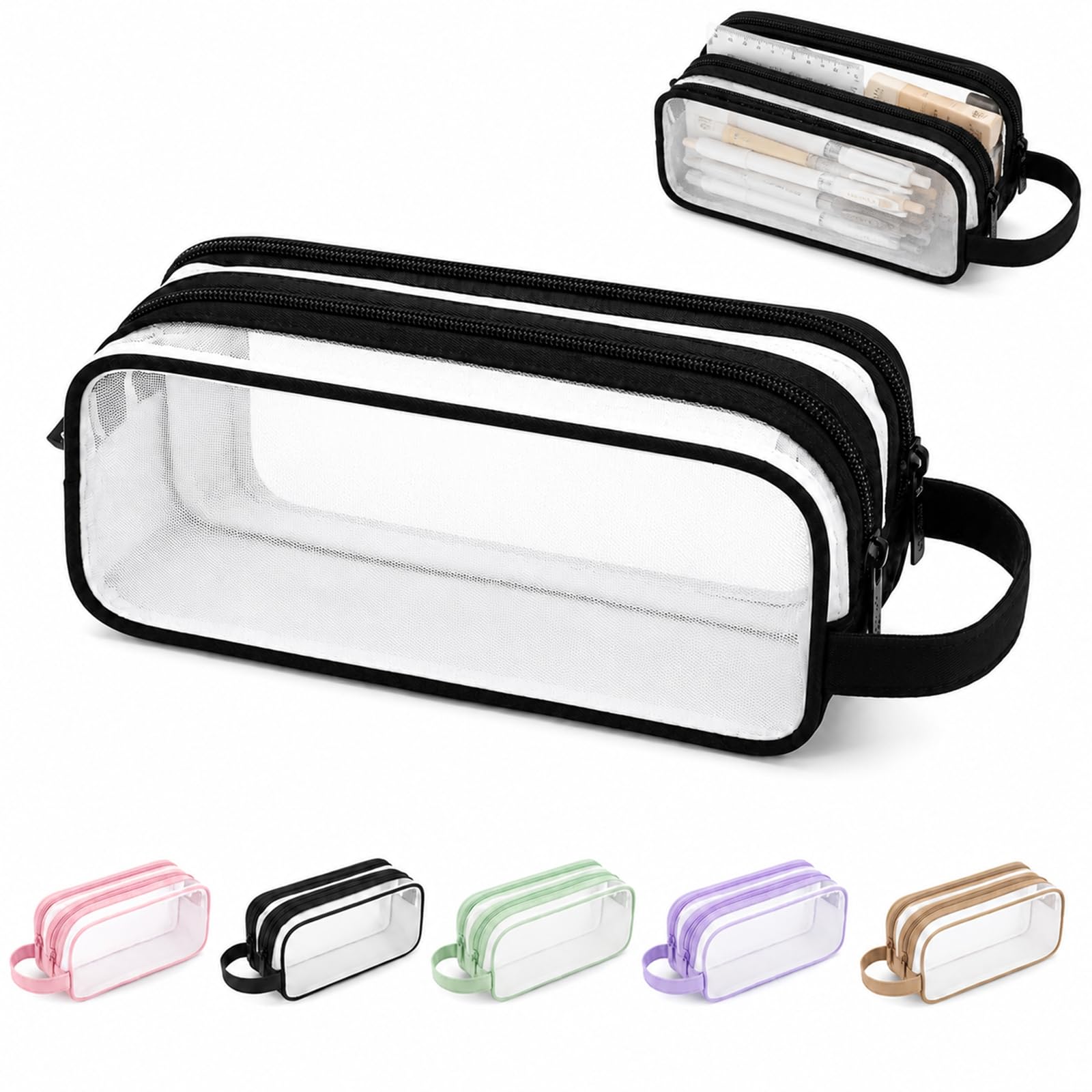 WHJYCC Large Clear Mesh Pencil Case, 2 Compartments, Carry Handle, Black