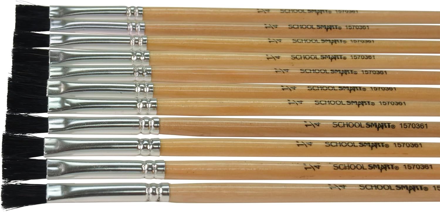School Smart Black Bristle Long Handle Flat Paint Brush, 1/4 Inch, Pack of 12