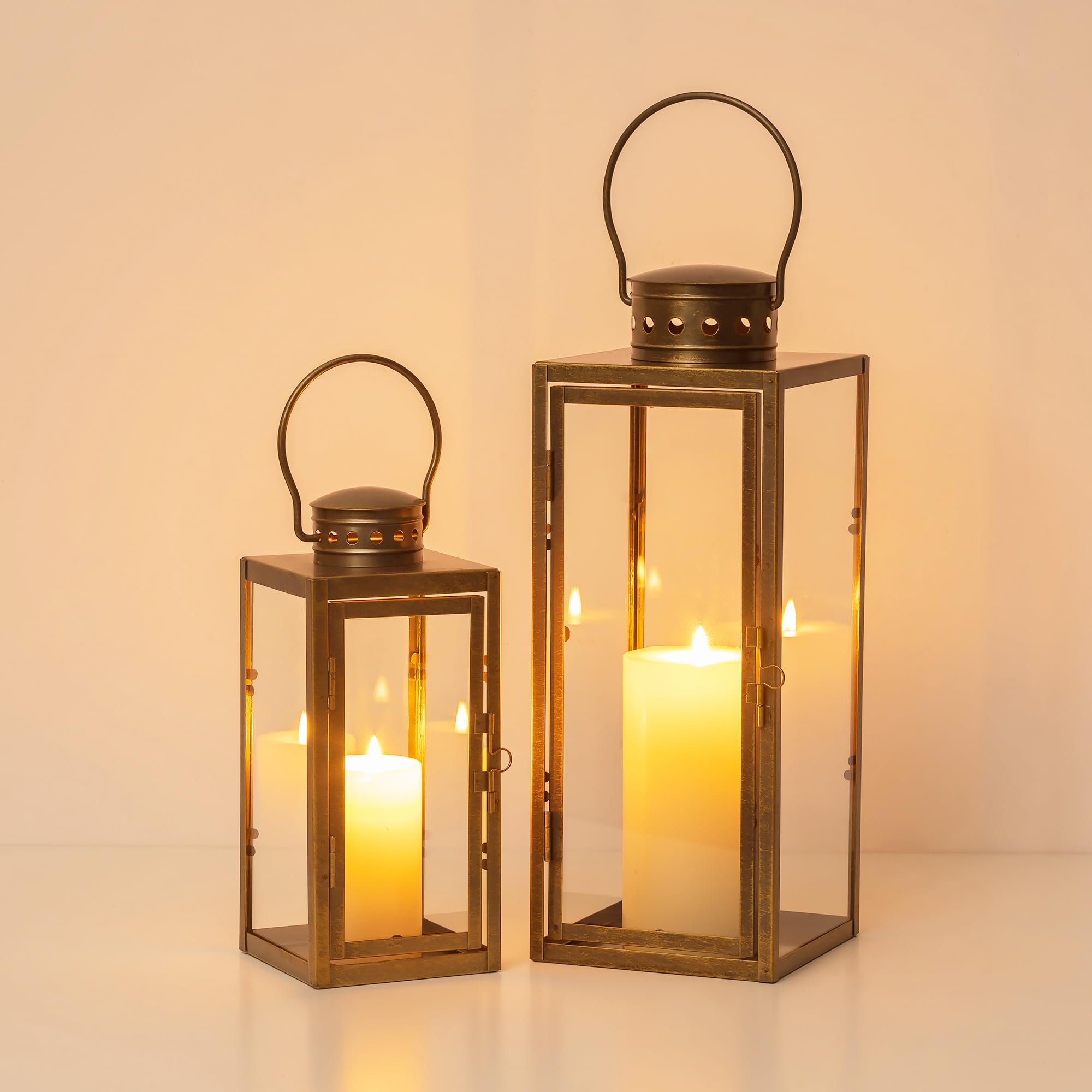 Lanterna decorativa in oro per esterni: set da 2 portacandele per balcone, giardino, altezza 24/35 cm