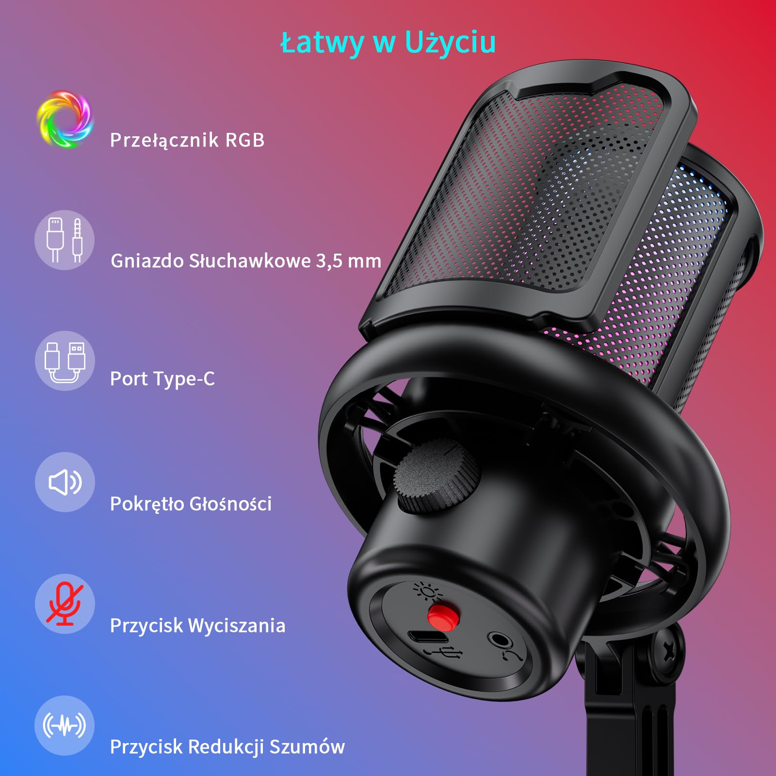 K KASONIC Mikrofon Gamingowy z Oświetleniem RGB, USB Mikrofon Pojemnościowy z Filtrem Pop dla PC, Szybkie Wyciszenie i Redukcja Szumów, Zestaw Mikrofonu Biurkowego dla PS4/5