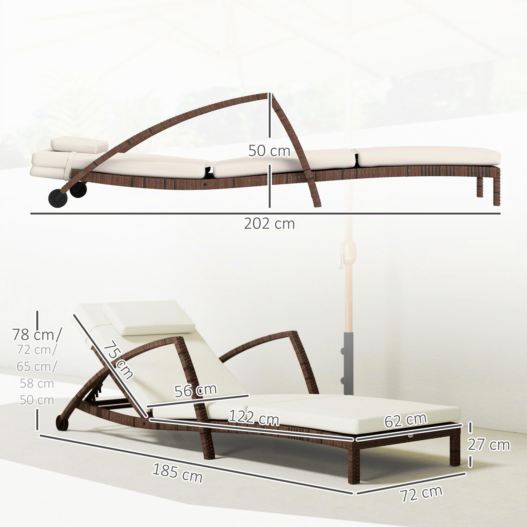 Outsunny Bain de Soleil Dossier Réglable avec roulettes Marron et Beige