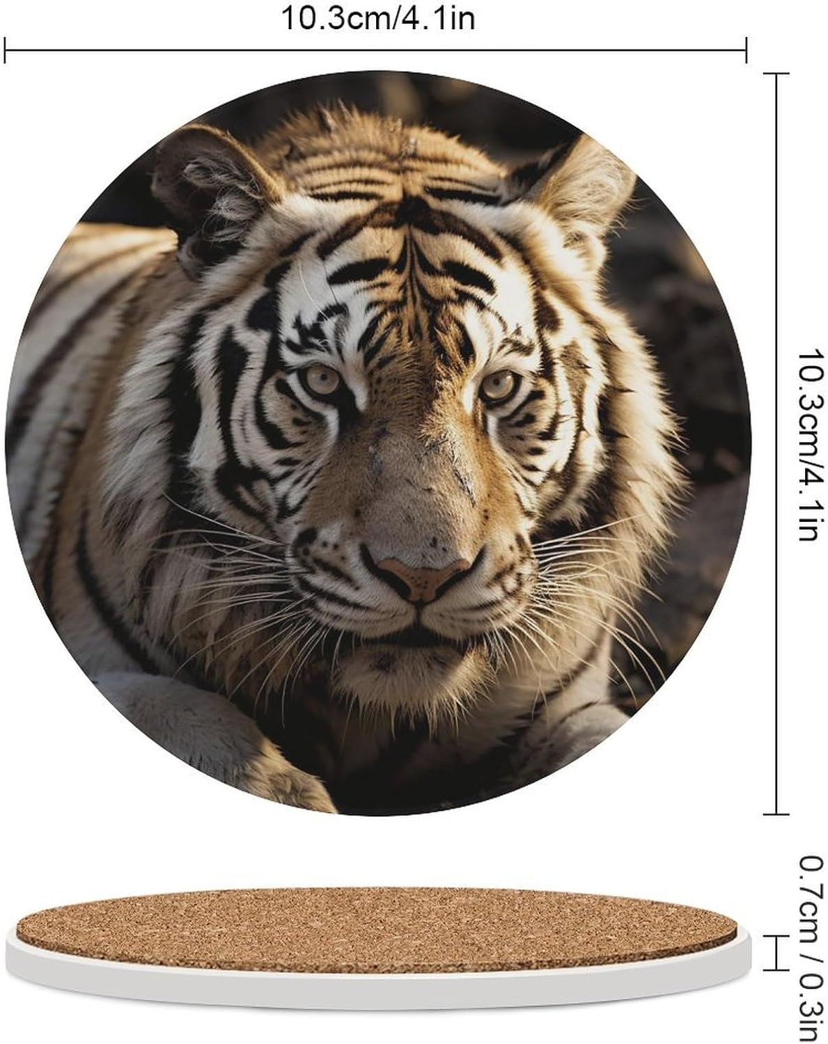 6PCS Animal Tiger Coasters Non-Slip Round Drink Coasters with Ceramic Stone and Cork Base, Heat Resistant Absorbent 33.00Stone Coaster Set for Kinds of Mugs and Cups, 4 Inch