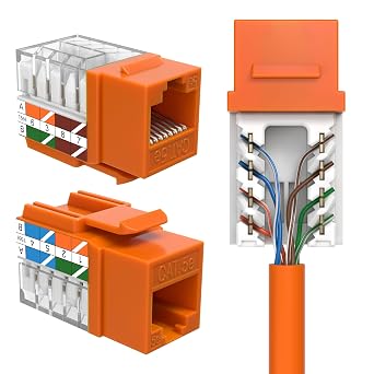 SATMAXIMUM Cat5e Keystone Ethernet Wall Jack Punch Down UTP 45-Degree Easier Termination Than 90-Degree, RJ45 Slim Profile Speed Termination Orange 45 Angled 20 Pack